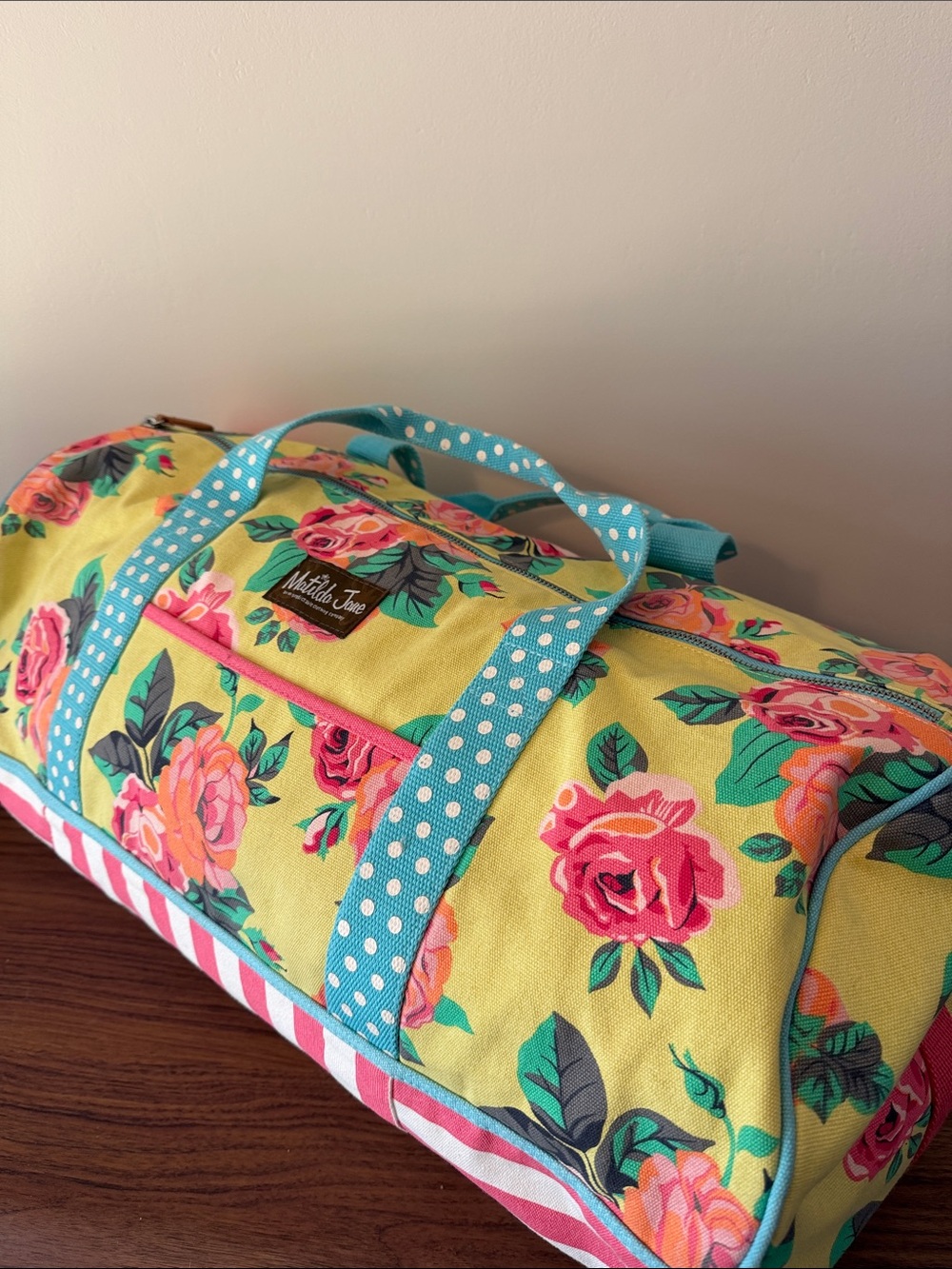 Matilda Jane Yellow Floral Travel Duffel with Pink Roses and Teal Handles